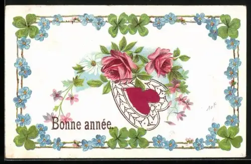 Stoff-Präge-AK Herz mit Rosen, Margerite und Kleeblättern, Neujahrsgruss