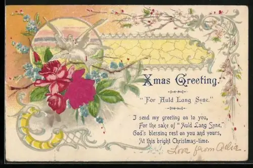 Stoff-Präge-AK Zwei weisse Tauben an einem Zweig, Rose mit Vergissmeinnicht, Weihnachtsgruss