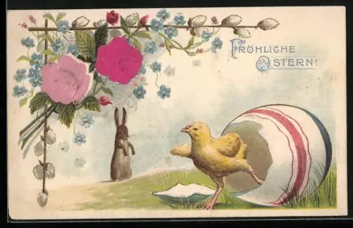 AK Osterhase blickt auf ein aus dem Ei schlüpfendes Osterküken