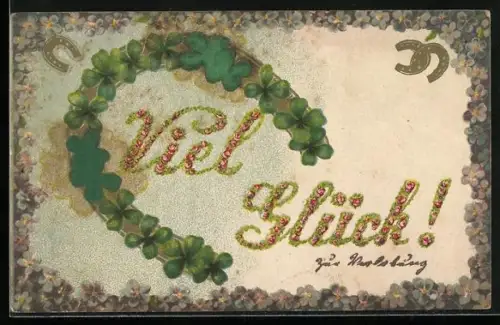 Stoff-Präge-AK Viel Glück!, Hufeisen aus Kleeblättern, Vergissmeinnicht