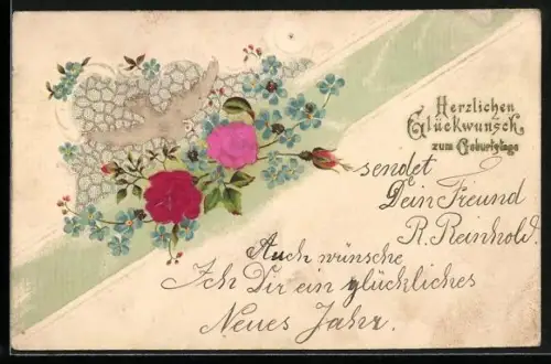 Stoff-Präge-AK Weisse Taube mit Rosen und Vergissmeinnicht, Geburtstagsgruss