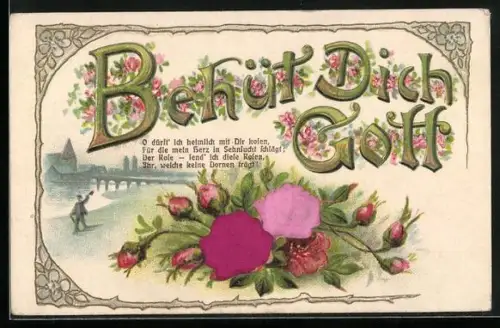 Stoff-Präge-AK Behüt dich Gott, Blumen