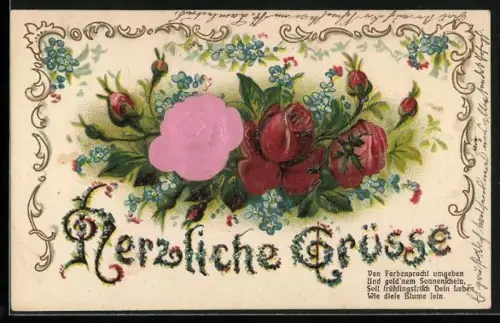 Lithographie Herzliche Grüsse, bunte Rosen mit Vergissmeinnicht