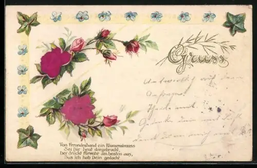 Stoff-Präge-AK Von Freundeshand ein Blumenstrauss, Sei Dir heut dargebracht...