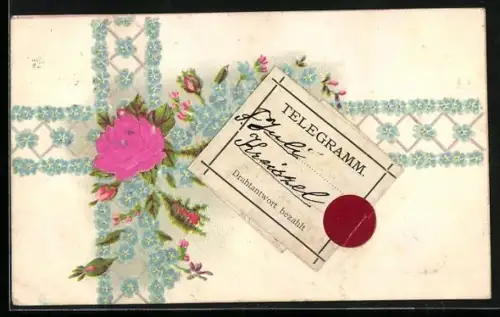 Stoff-Präge-AK Rosen mit Vergissmeinnicht, Telegramm