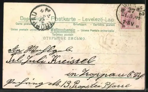 Stoff-Präge-AK Rosen mit Vergissmeinnicht, Telegramm