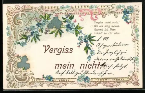 Stoff-Präge-AK Vergiss mein nicht, Vergiss nicht mein!, Wo ich mag weilen...
