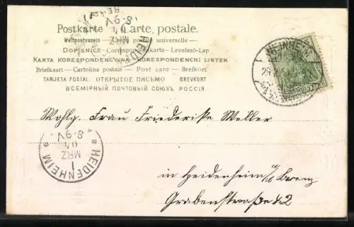 Stoff-Präge-AK Vergiss mein nicht, Vergiss nicht mein!, Wo ich mag weilen...