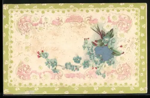 Stoff-Präge-AK Vergissmeinnicht mit Ornamenten