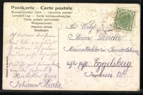 Stoff-Präge-AK Lebe wohl!, Vergiss nicht mein!, Wo ich mag weilen..., Rose mit Vergissmeinnicht