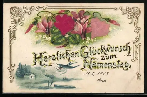 Stoff-Präge-AK Landschaft und Schwalbe mit Nachricht, Glückwunsch zum Namenstag