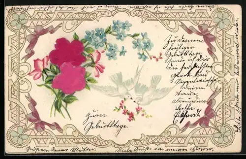 Stoff-Präge-AK Zwei weisse Tauben mit Schleifen und Vergissmeinnicht