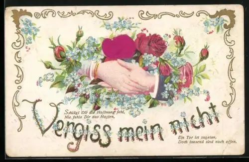 AK Schlägt Dir die Hoffnung fehl..., Hände von Mann und Frau mit Rosen und Vergissmeinnicht