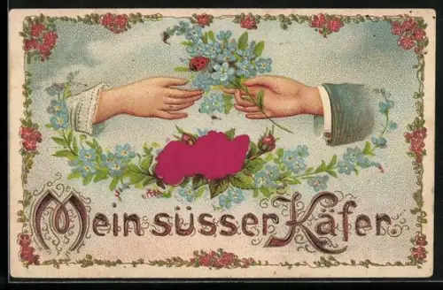 Stoff-Präge-AK Männerhand reicht einer Frauenhand einen Blumenstrauss mit Marienchenkäfer