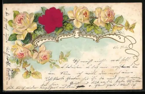 Stoff-Präge-AK Rote und gelbe Rosen mit Ornament
