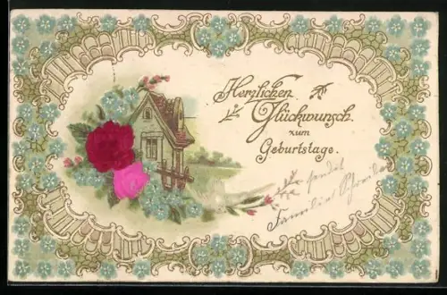 Stoff-Präge-AK Haus mit Rosen und Vergissmeinnicht, Geburtstagsgruss
