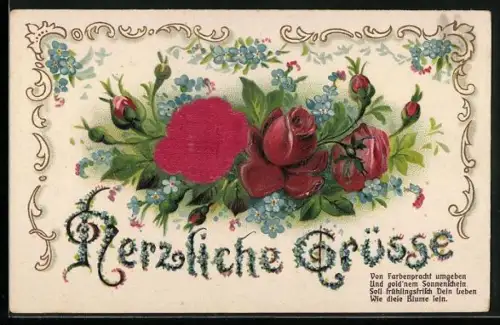 Stoff-Präge-AK Herzliche Grüsse mit Rosen aus echtem Stoff