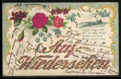 Stoff-Präge-AK Auf Wiedersehen, Landschaft mit Rosen und Vergissmeinnicht