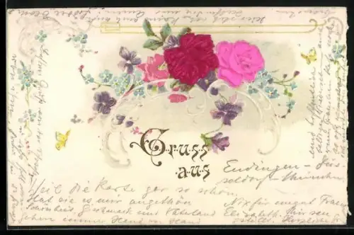 Stoff-Präge-AK Rosen mit Vergissmeinnicht und Schmetterlingen