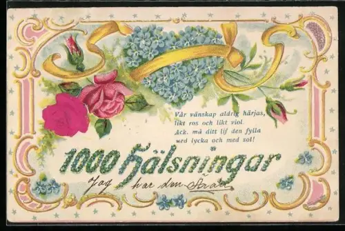 Stoff-Präge-AK Herz aus Vergissmeinnicht mit Rosen, 1000 Hälsningar