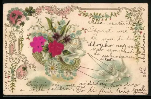 Stoff-Präge-AK Taubengespann mit Veilchen und Maiglöckchen