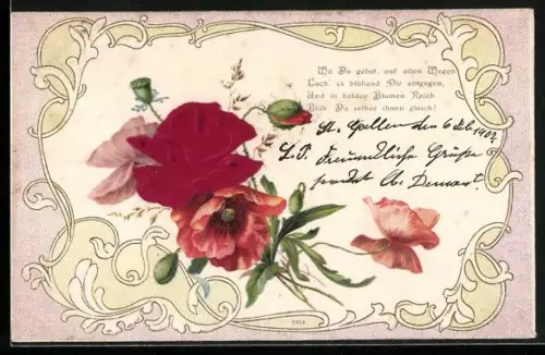 Stoff-Präge-AK Wo Du gehst, auf allen Wegen..., Mohnblumen