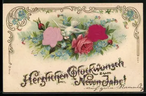 Stoff-Präge-AK Taube zwischen geprägten Rosen, Gott grüsse Dich