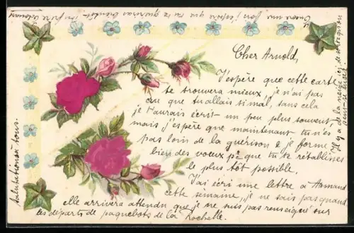 Stoff-Präge-AK Zweige mit Rosen, Vergissmeinnicht