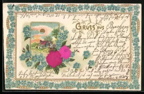 Stoff-Präge-AK Landschaft mit Häusern, Vergissmeinnicht