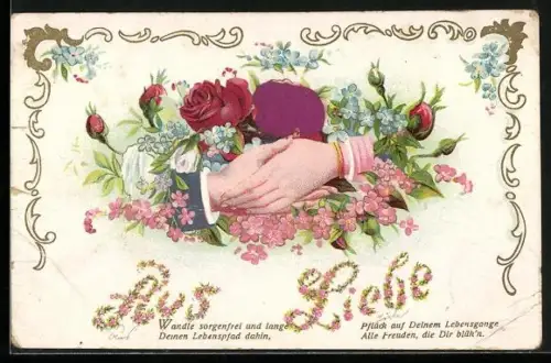 Stoff-Präge-AK Aus Liebe, Hände im Blumenschmuck