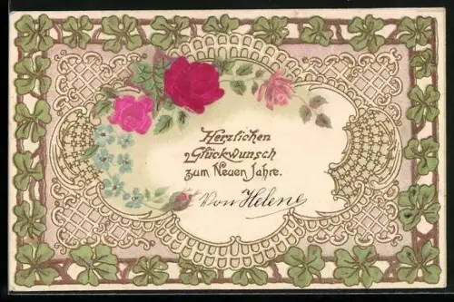 Stoff-Präge-AK Rosen mit Vergissmeinnicht, Kleeblätter, Neujahrsgruss