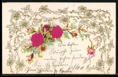 Stoff-Präge-AK Zweig mit Rosen, Vergissmeinnicht