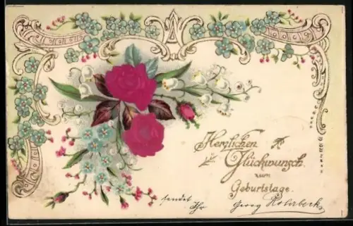 Stoff-Präge-AK Rosen, Vergissmeinnicht und Maiglöckchen, Geburtstagsgruss