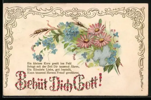 Stoff-Präge-AK Margeriten mit Vergissmeinnicht, Behüt` Dich Gott!