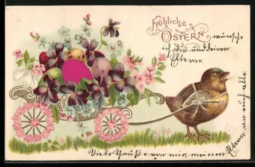 Stoff-Präge-AK Küken mit Ostereiern auf Wagen, Ostergruss