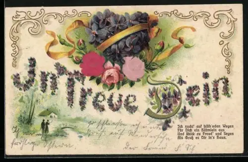 Stoff-Präge-AK In Treue Dein, Paar in Landschaft, Veilchen und Rosen