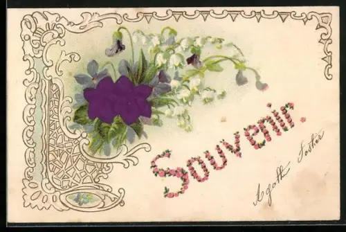 Stoff-Präge-AK Veilchen mit Maiglöckchen und Ornament