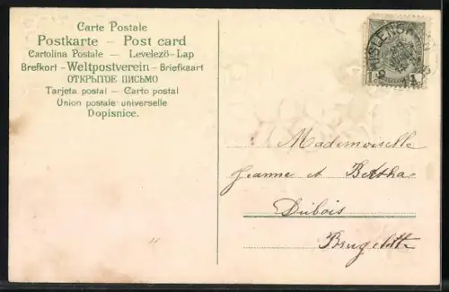 Stoff-Präge-AK Veilchen mit Maiglöckchen und Ornament