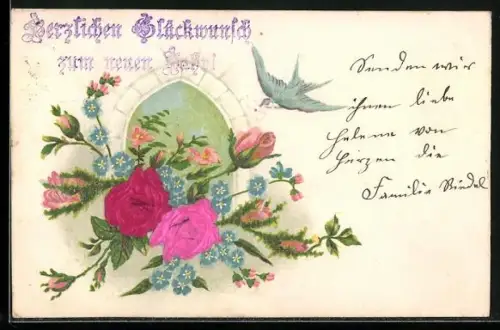 Stoff-Präge-AK Schwalbe am Tor mit Rosen und Vergissmeinnicht, Neujahrsgruss