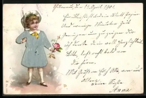 Stoff-Präge-AK Kind mit einer Rose in der Hand