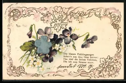 Stoff-Präge-AK Die blauen Frühlingsaugen, Schau`n aus dem Gras hervor..., Bund Veilchen