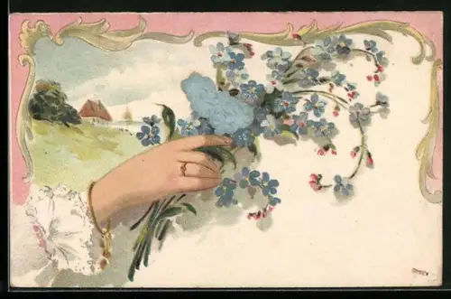 Stoff-Präge-AK Haus in Landschaft, Hand mit Vergissmeinnicht