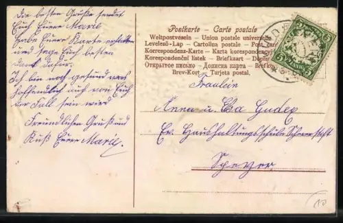 Stoff-Präge-AK Haus in Landschaft, Hand mit Vergissmeinnicht