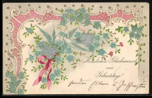 Stoff-Präge-AK Tauben mit Vergissmeinnicht, Geburtstagsgruss