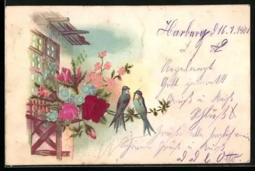 Stoff-Präge-AK Zwei Vögel auf einem Zweig mit Rosen