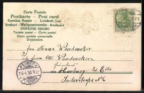 Stoff-Präge-AK Vergissmeinnicht mit Kleeblättern, Geburtstagsgruss