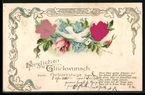 Stoff-Präge-AK Weisse Brieftauben mit Vergissmeinnicht und Rose, Geburtstagsgruss