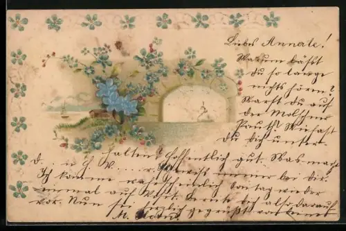 Stoff-Präge-AK Uferlandschaft mit Segelboot, Vergissmeinnicht