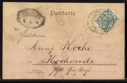 Stoff-Präge-AK Uferlandschaft mit Segelboot, Vergissmeinnicht