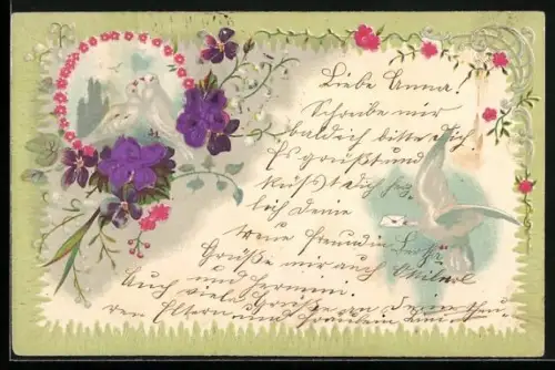 Stoff-Präge-AK Weisse Tauben mit Veilchen und Maiglöckchen